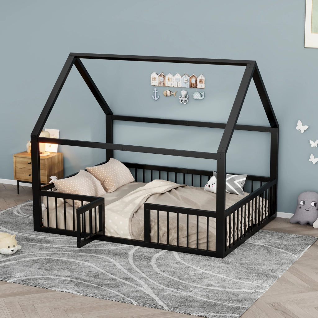 Letto a casetta nero 140 x 200 cm in metallo