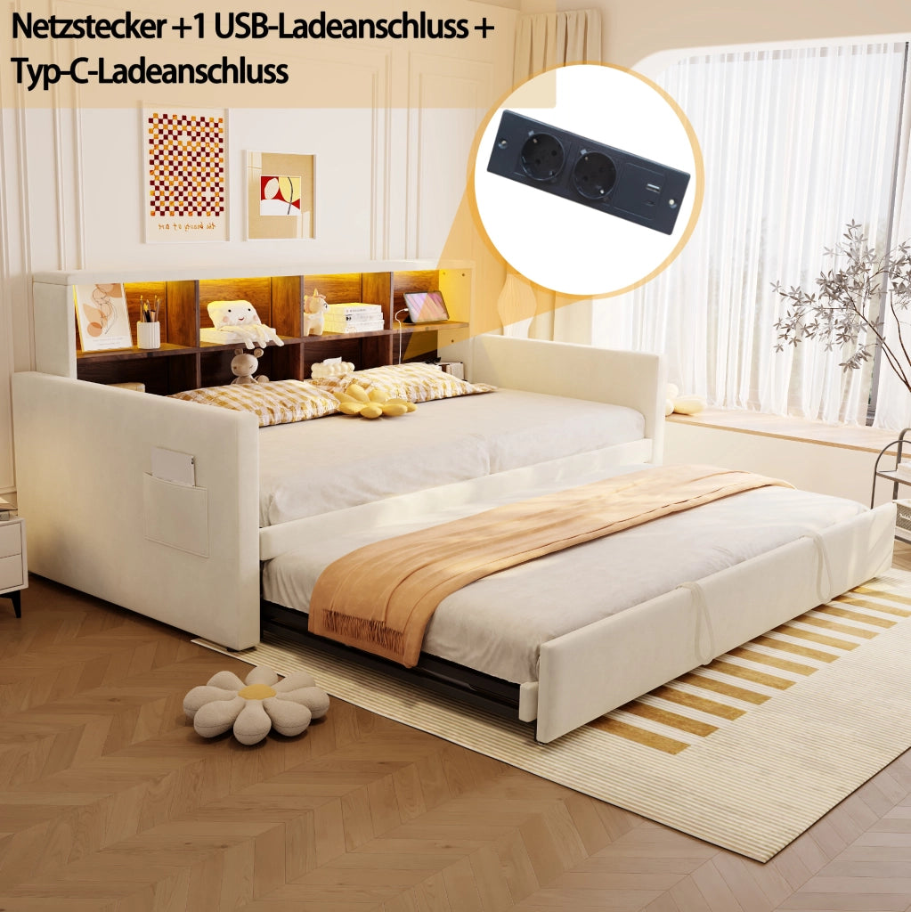Divano letto imbottito 90x190 cm con contenitore, LED e prese integrate, velluto beige