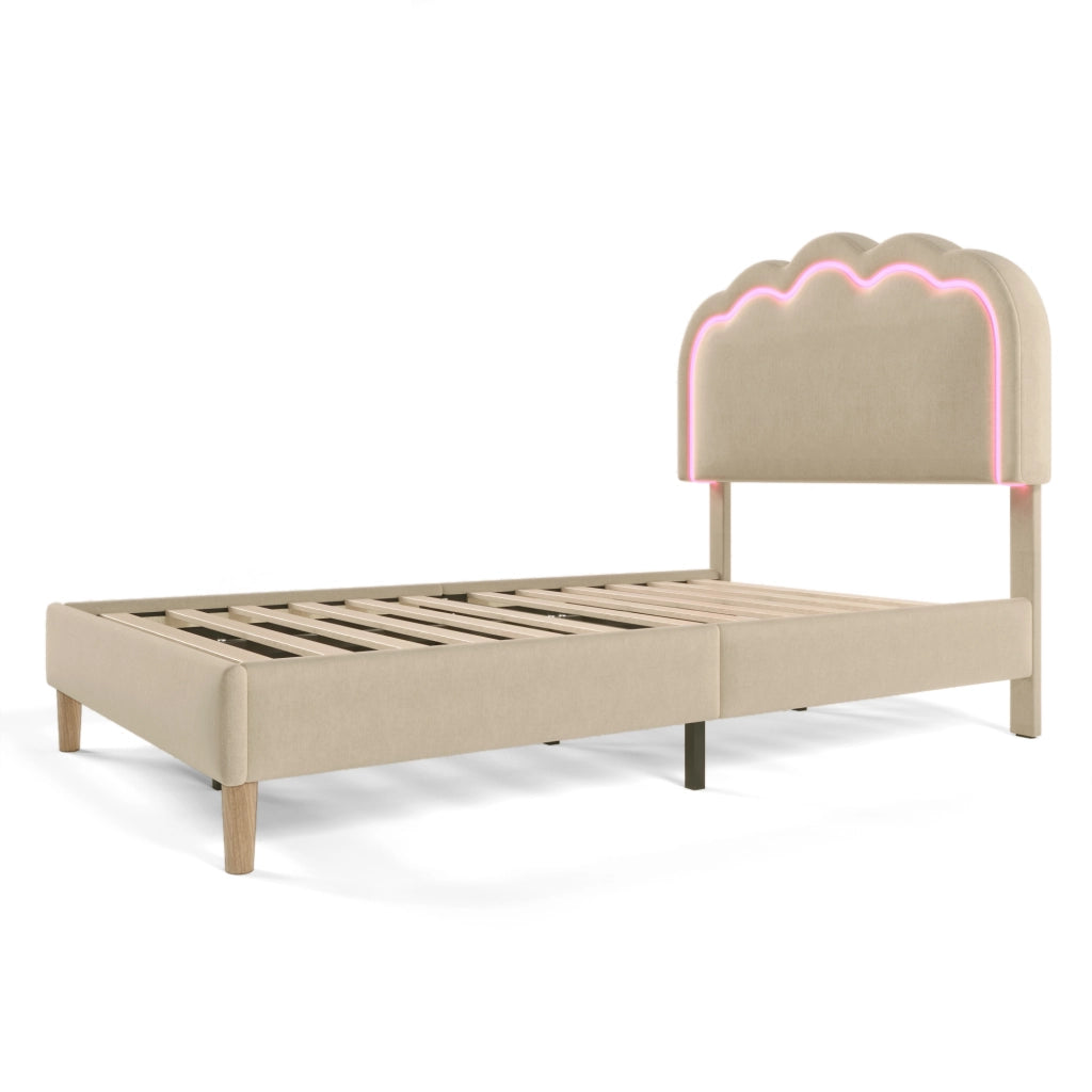Letto singolo 90x190 cm imbottito beige con testiera LED regolabile