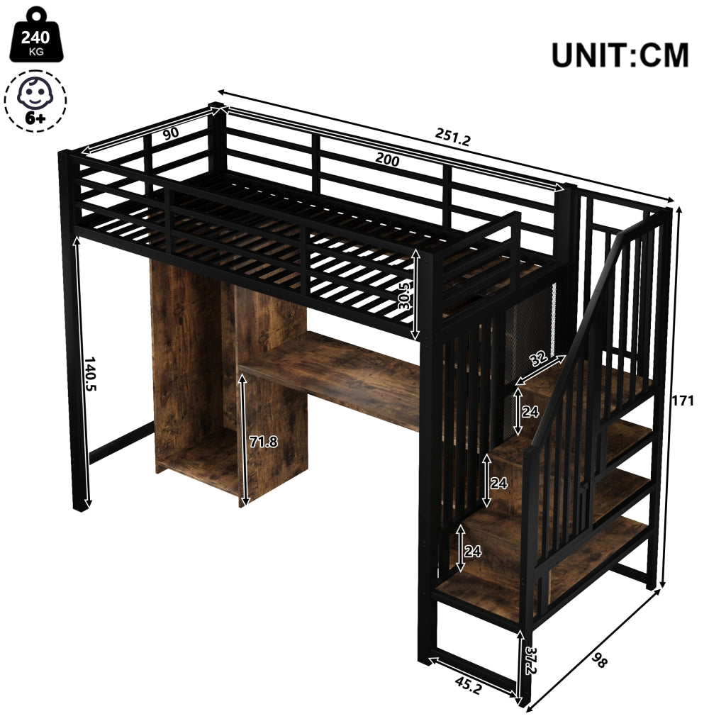 Letto a soppalco 90x200 cm nero con scrivania e armadio