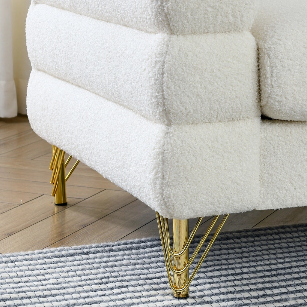 Divano 2 posti in tessuto peluche bianco con molle; dimensioni non comunicate