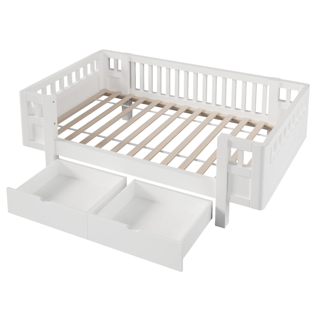 Letto singolo per bambini 90x200 cm con sponde e 2 cassetti bianco