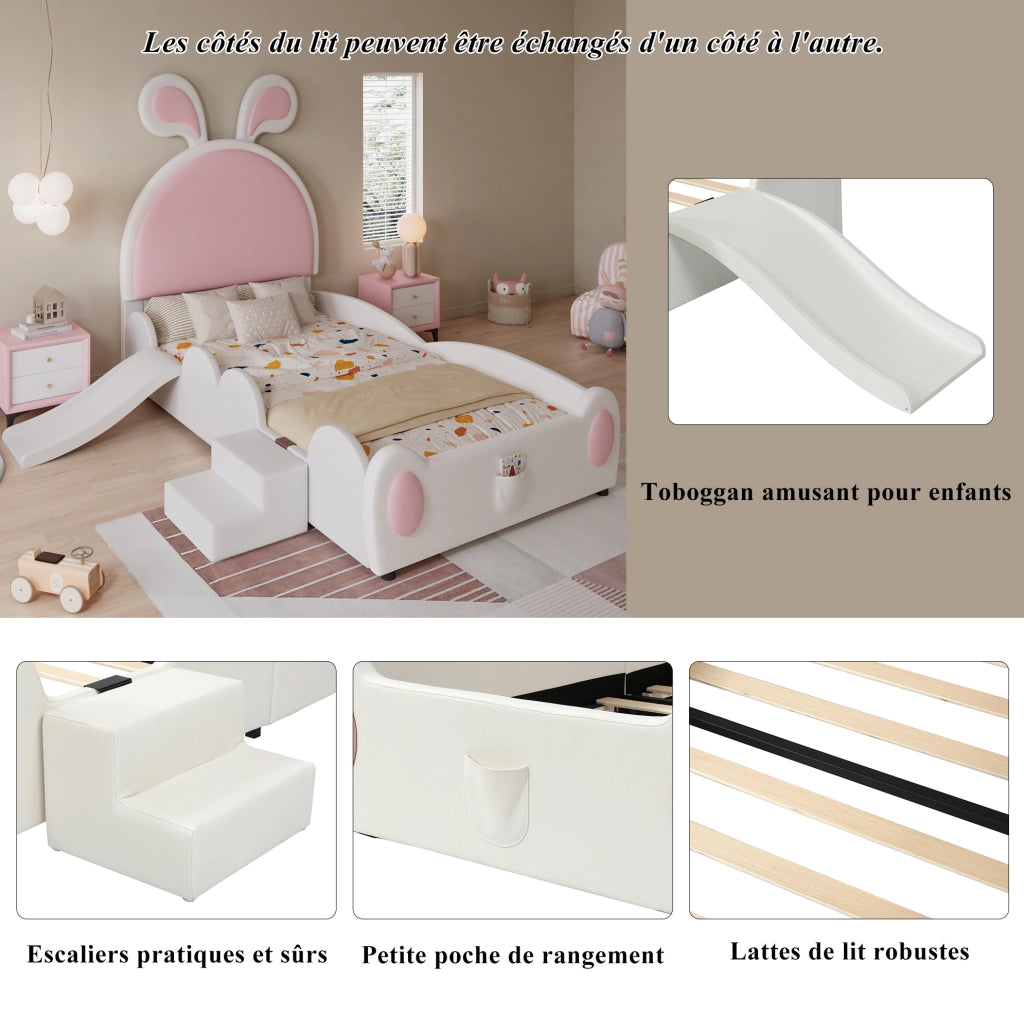 Letto singolo per bambini 90x200 cm con scivolo e scaletta in PU bianco e rosa