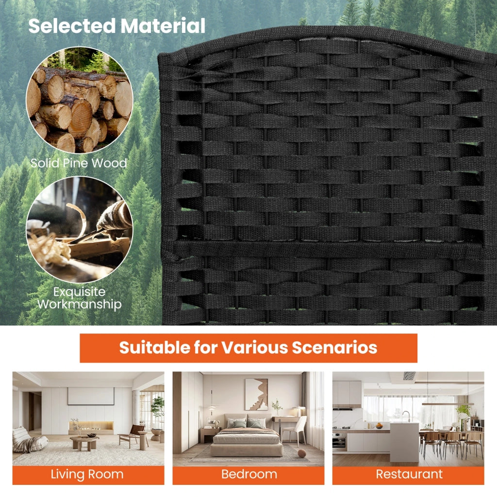 6-Panel Room Divider 5.6 FT Tall Folding Privacy Screen with Hand-woven Texture-Black