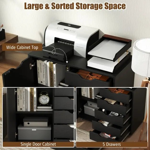 5-Drawer Chest with Door and Adjustable Shelf-Black