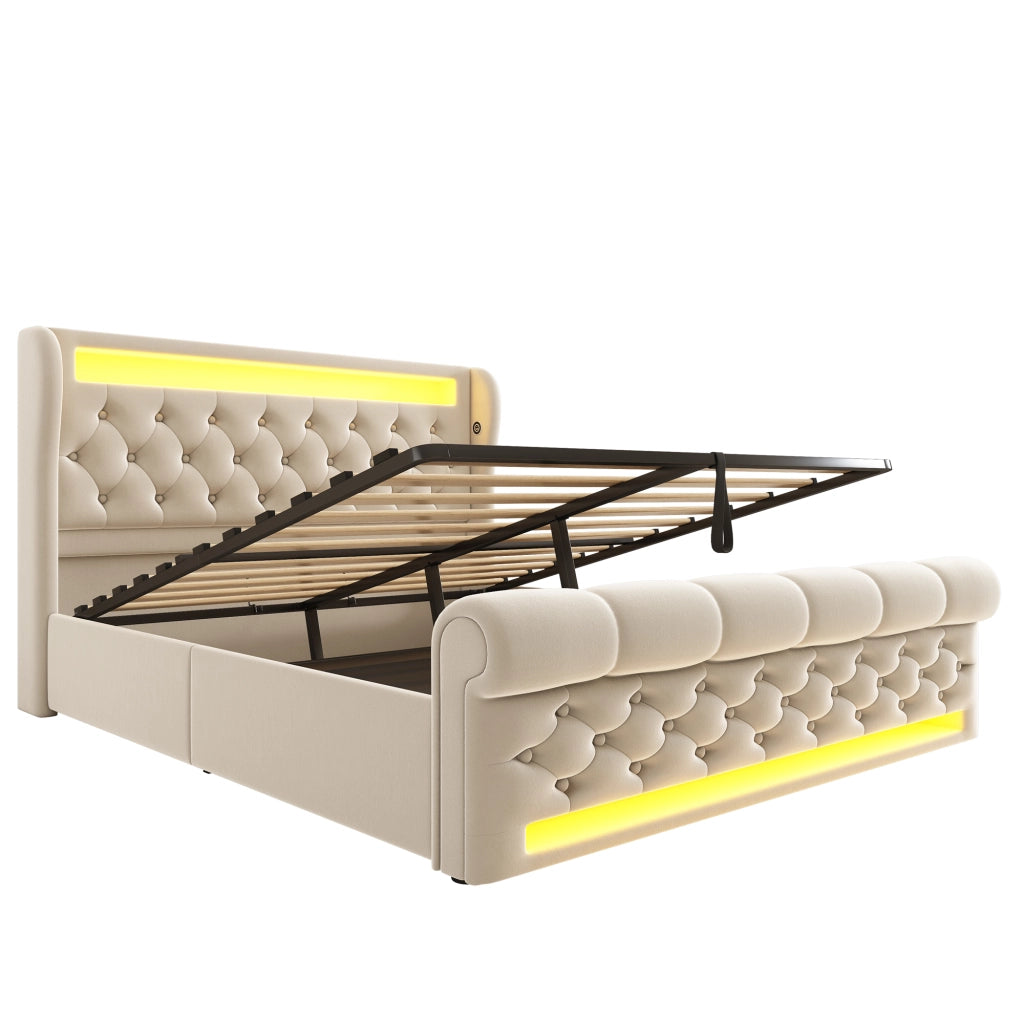 Letto matrimoniale contenitore 140x190 beige con luci LED