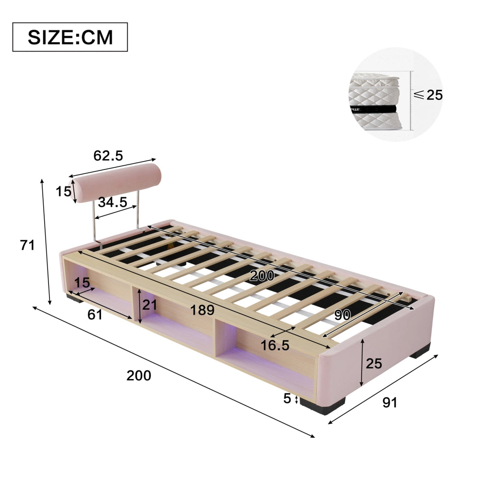 Letto per bambini imbottito 90x200 cm con LED e ripiani aperti in velluto rosa