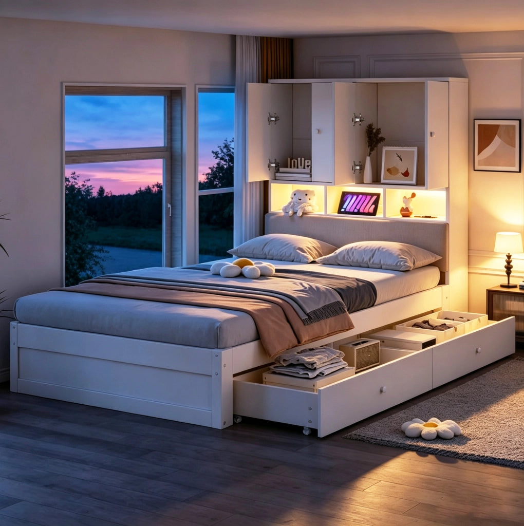 Letto singolo 90x200 cm bianco con LED, prese e 2 cassetti