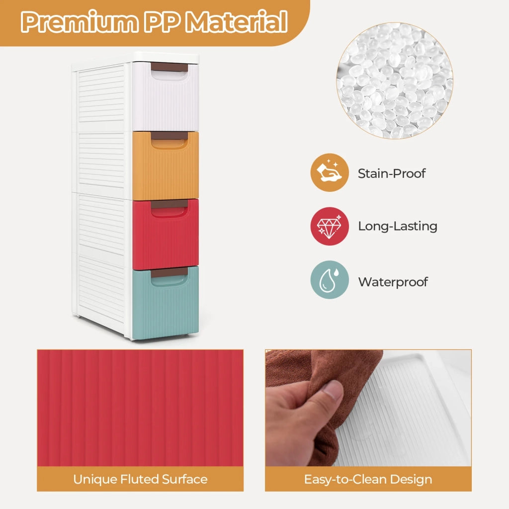 Cassettiera a 4 Cassetti con Ruote, PP Multicolore, Salvaspazio per Bagno e Ufficio