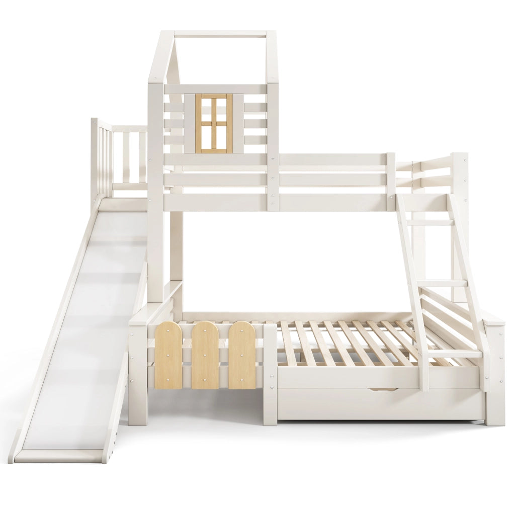Letto a castello con scivolo e scala; bianco e legno; 90x200/140x200 cm