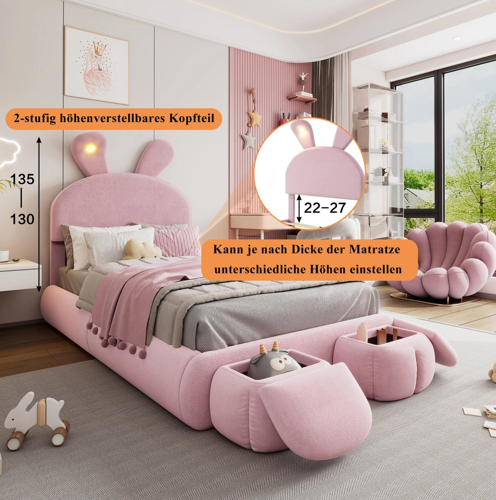 Letto singolo per bambini 90x200 cm con orecchie da coniglio LED e 2 pouf rosa
