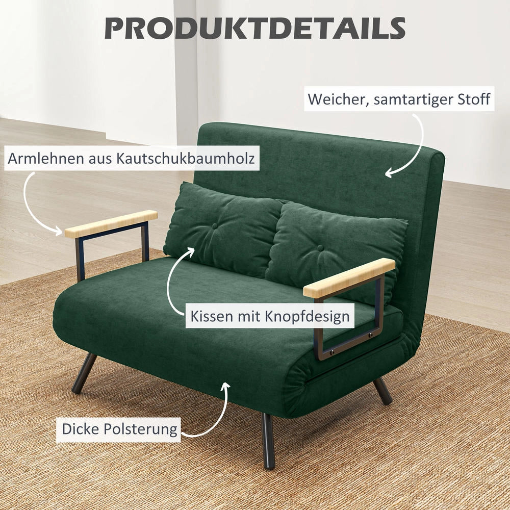 Divano letto 4 in 1 a 2 posti in tessuto effetto velluto verde 183x98,5cm, schienale regolabile salvaspazio per casa