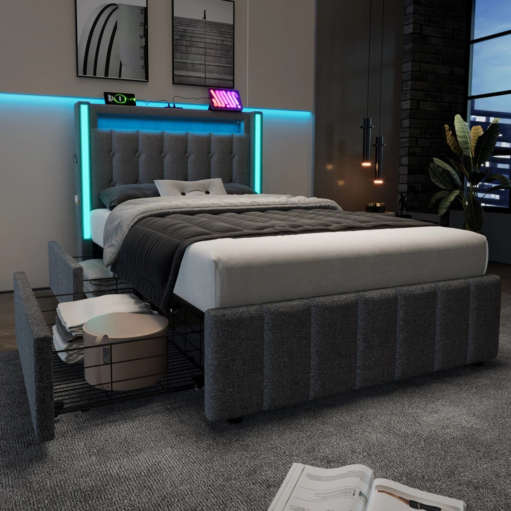 Letto singolo imbottito 90 × 200 cm grigio con LED USB tipo C e due cassetti