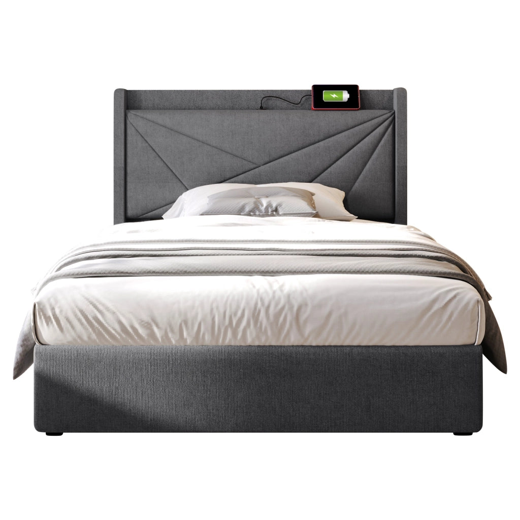 Letto con contenitore 90x200 grigio con testiera USB e Tipo C