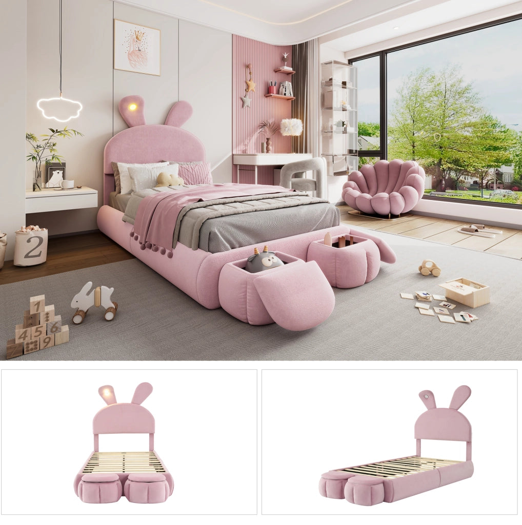 Letto singolo per bambini 90x200 cm con orecchie da coniglio LED e 2 pouf rosa