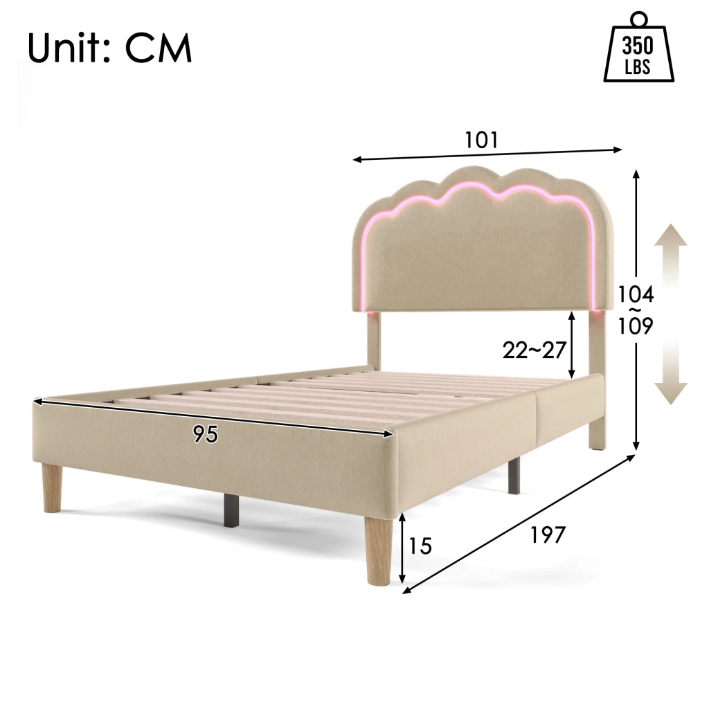Letto singolo 90x190 cm imbottito beige con testiera LED regolabile