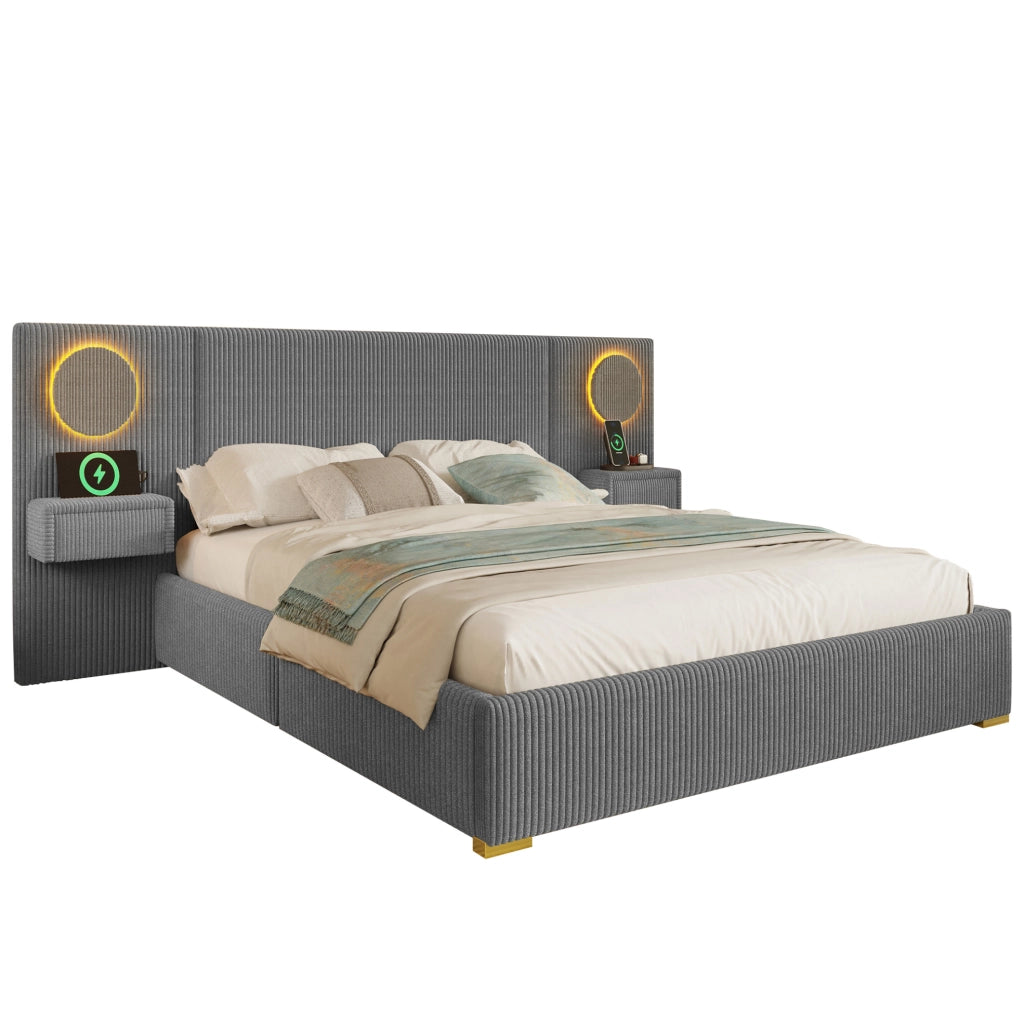 Letto matrimoniale imbottito 180x200 cm grigio con LED e USB