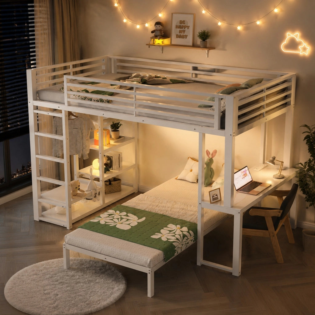 Letto a soppalco 90x200 cm con scrivania e ripiani