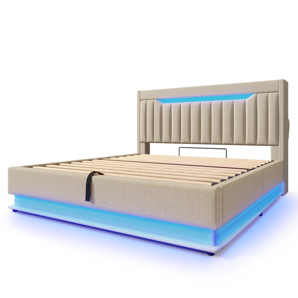 Letto matrimoniale imbottito 140x190 cm beige con contenitore