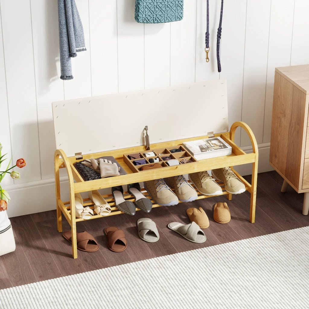 Bamboo shoe bench, hallway bench with upholstered hinged lid and hidden storage space, beige