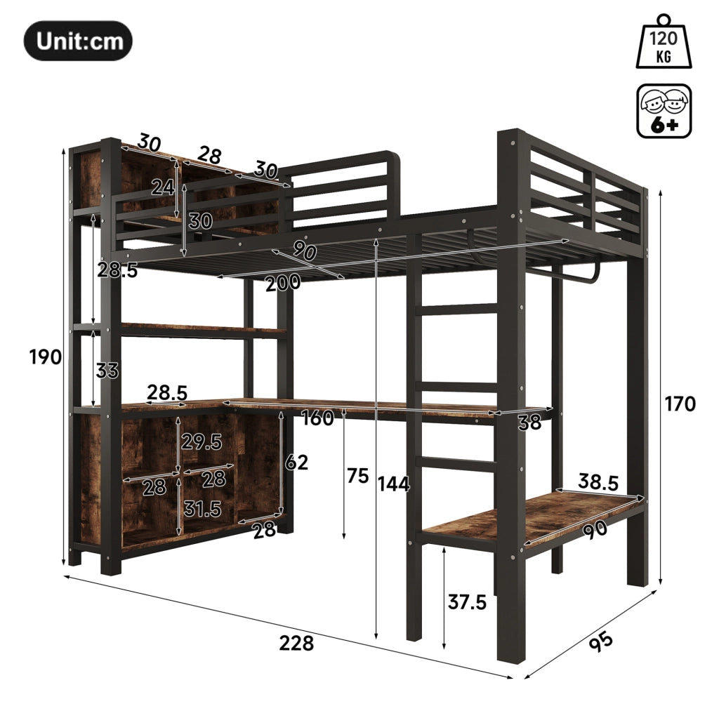 Letto a soppalco 90x200 cm con scrivania e guardaroba