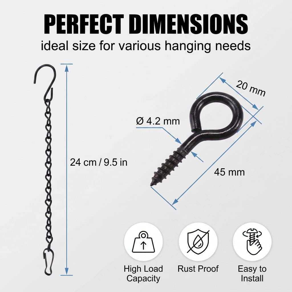 Set di 4 catene metalliche per appendere, lunghezza 24 cm, colore nero, con gancio