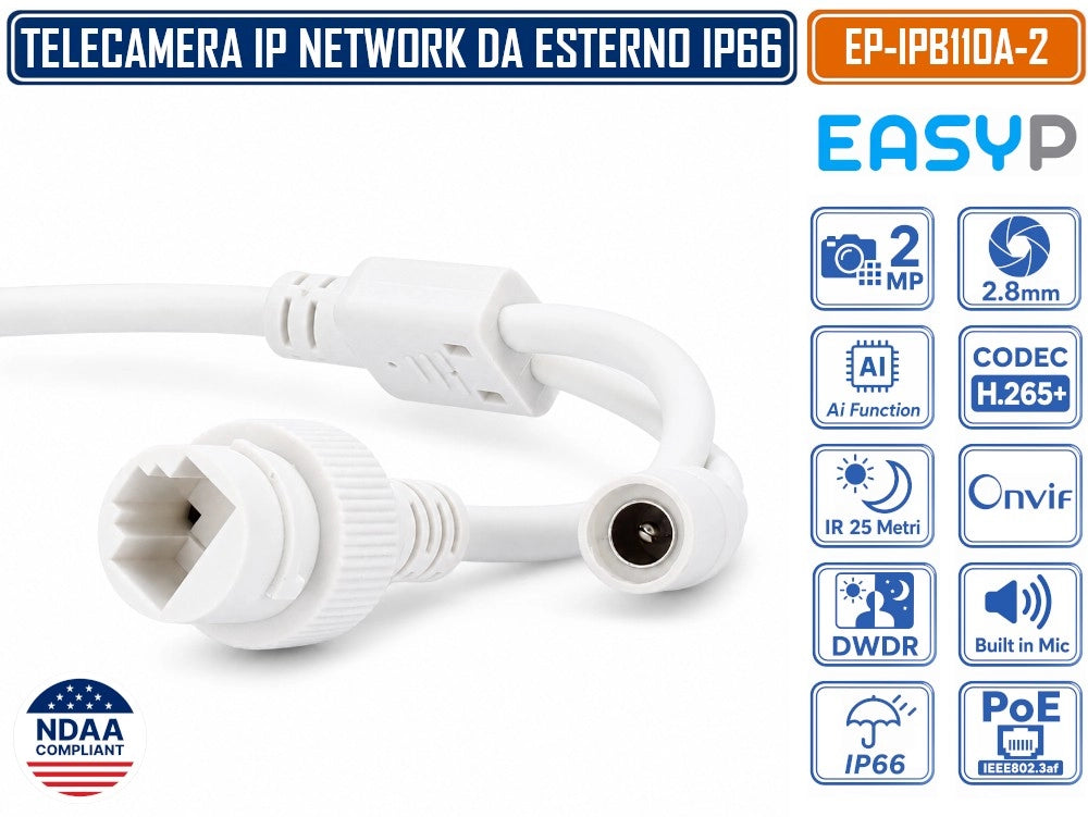 TELECAMERA BULLET IP EASY-P EP-IPB110A-2 2MP FULL HD CON INTELLIGENZA ARTIFICIALE, OTTICA 2.8 MM, IR 25M, MICROFONO INTEGRATO, IP66, POE E P2P