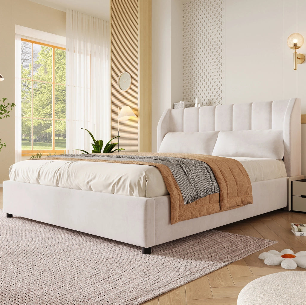 Letto imbottito 140x200 cm beige con rete a doghe e 2 cuscini