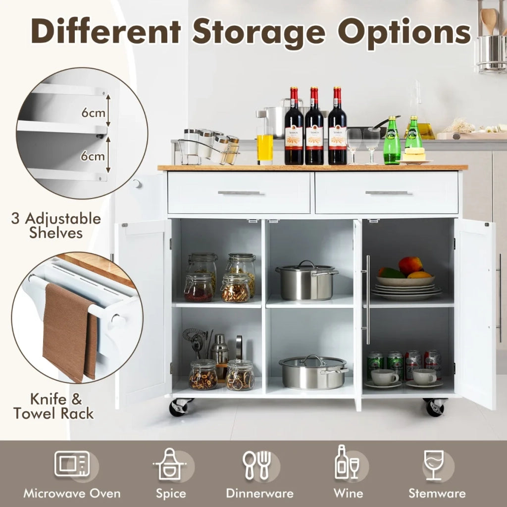 Kitchen Island Trolley Cart Wood Top Rolling Storage Cabinet-White