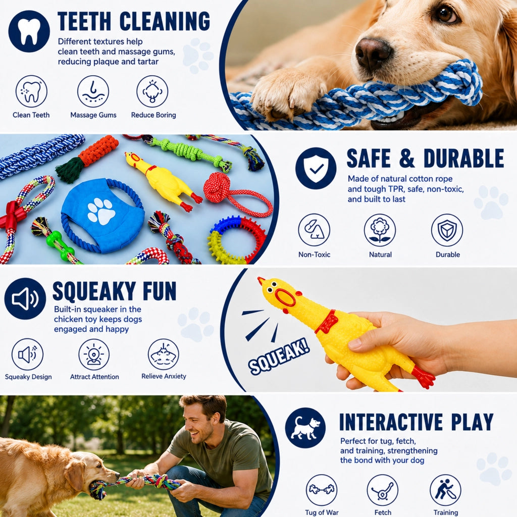 Set di 11 giochi da masticare per cani in corda di cotone e gomma