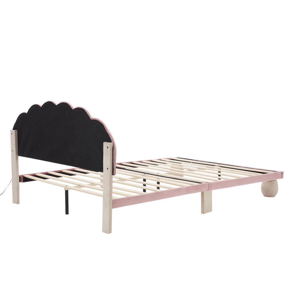 Letto imbottito per bambini 140x200 cm con luci multicolore in velluto beige e rosa