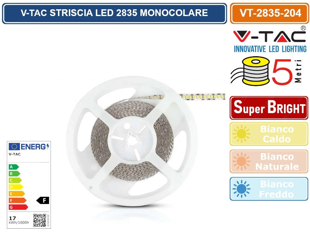 V-TAC STRISCIA LED 3528 MONOCOLORE 204 LED/METRO - BOBINA DA 5 METRI - Colore Luce:Bianco Caldo
