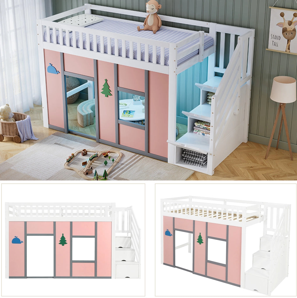 Letto semi-soppalco per bambini 90x200 cm con scala contenitore e LED; bianco e rosa