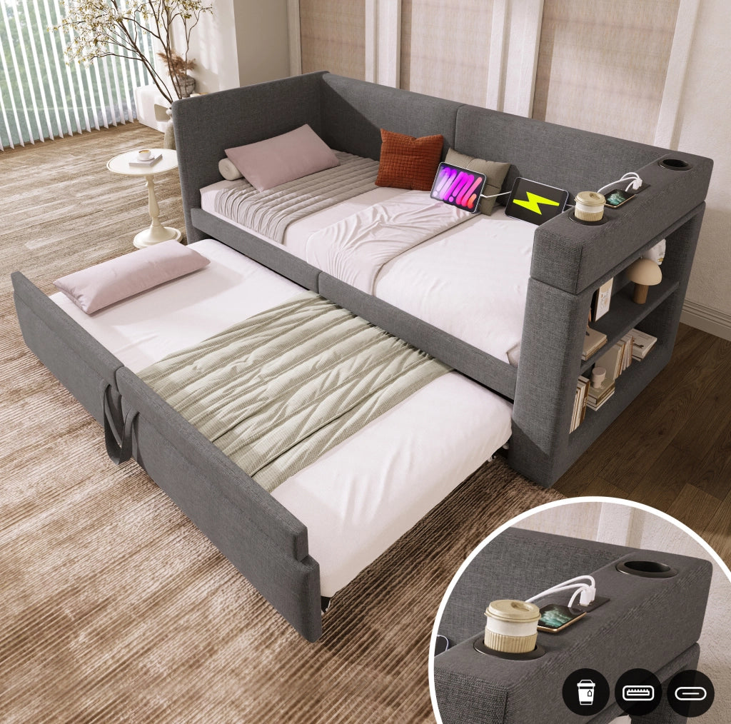 Letto divano estraibile 90x200 cm grigio con USB e portabicchieri