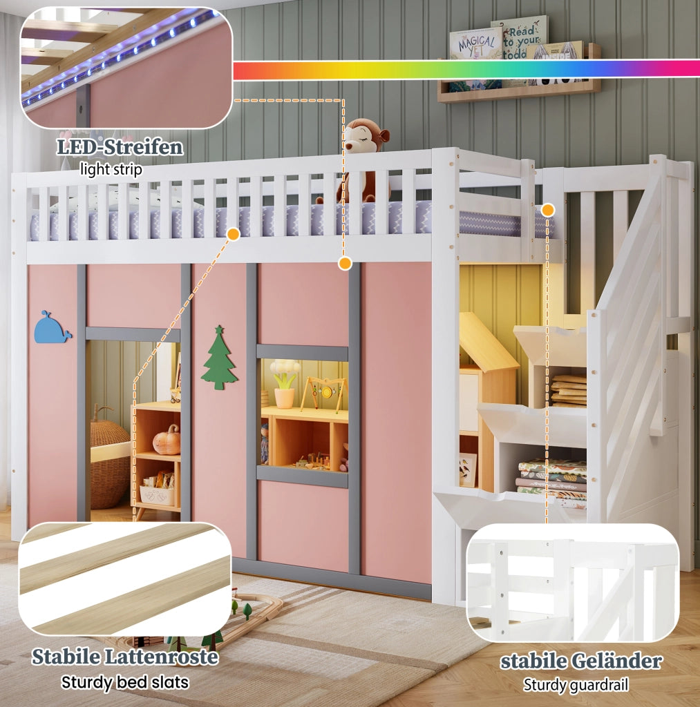 Letto semi-soppalco per bambini 90x200 cm con scala contenitore e LED; bianco e rosa