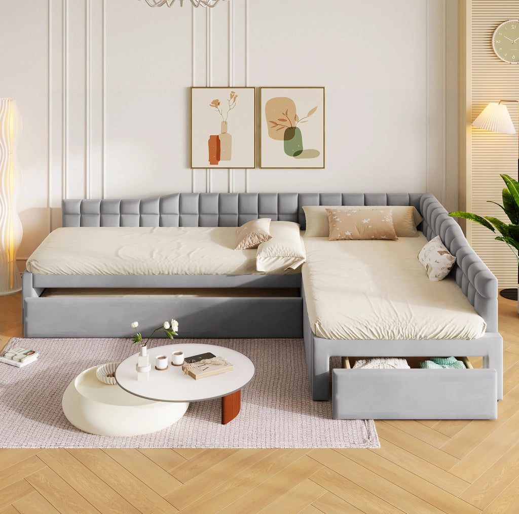 Letto angolare imbottito grigio con estraibile e cassetti 90x200 cm