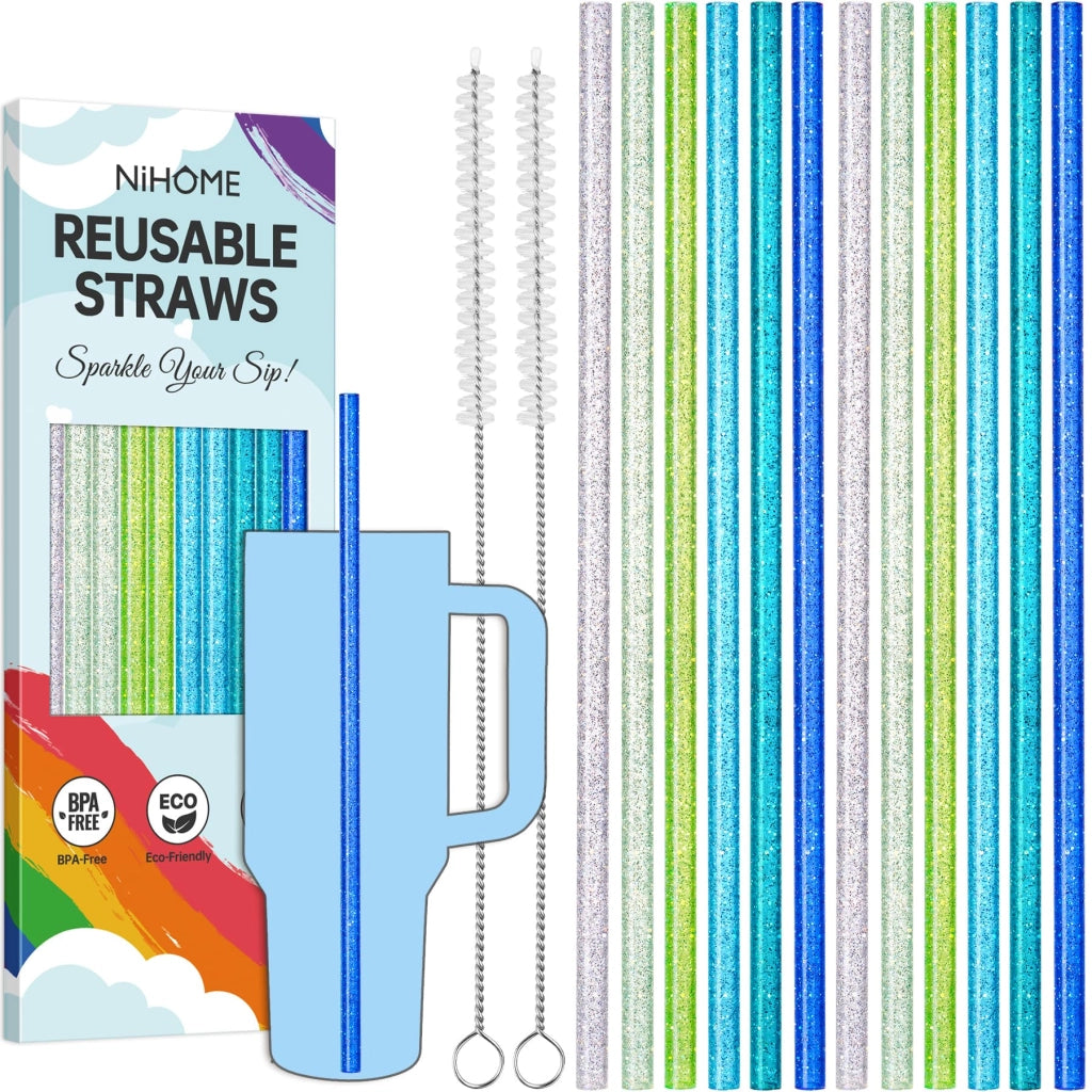 12 cannucce sostitutive glitterate per bicchieri Stanley, colore blu sfumato