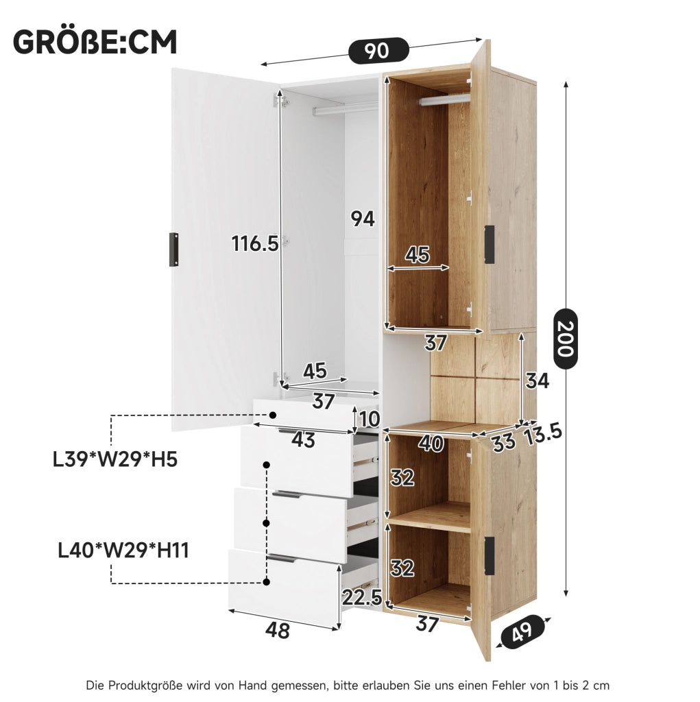 Armadio 90x49x200 cm bianco e rovere in MDF; 4 cassetti e luce LED