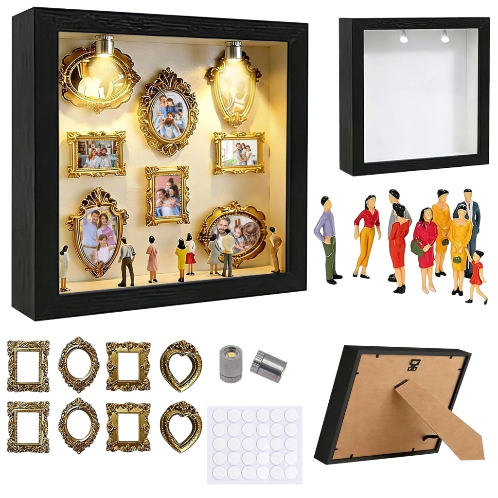 Mini-museo con scatola a silhouette illuminata a LED, 8 cornici, 8 figure