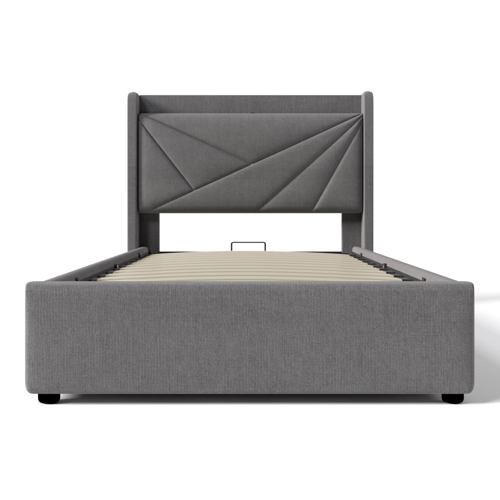 Letto con contenitore 90x200 grigio con testiera USB e Tipo C