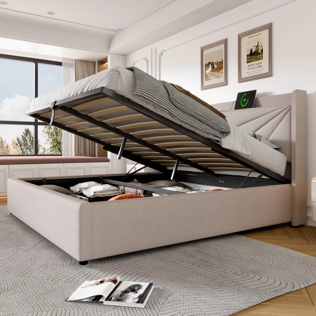 Letto matrimoniale contenitore 140x200 beige con testiera USB e Tipo-C