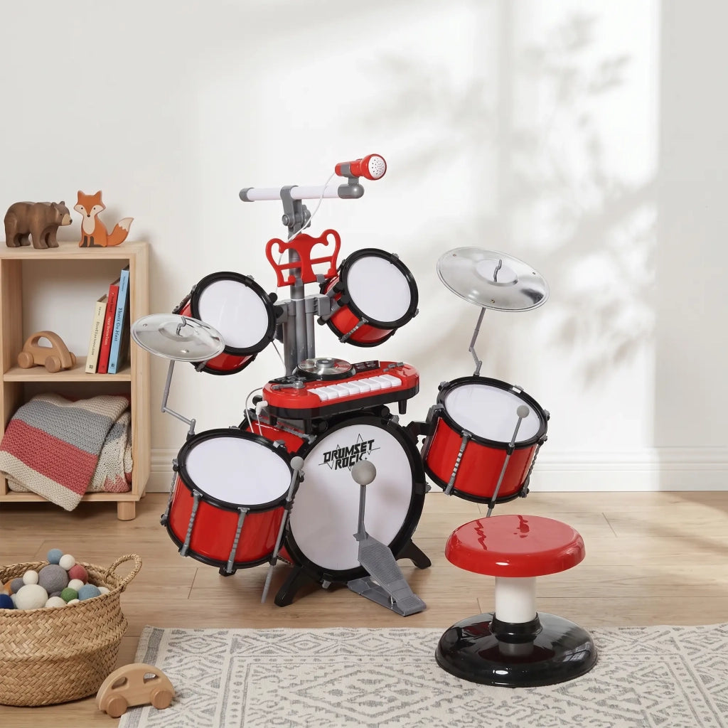 Batteria Musicale Giocattolo per Bambini con Microfono e Tastiera  Rossa
