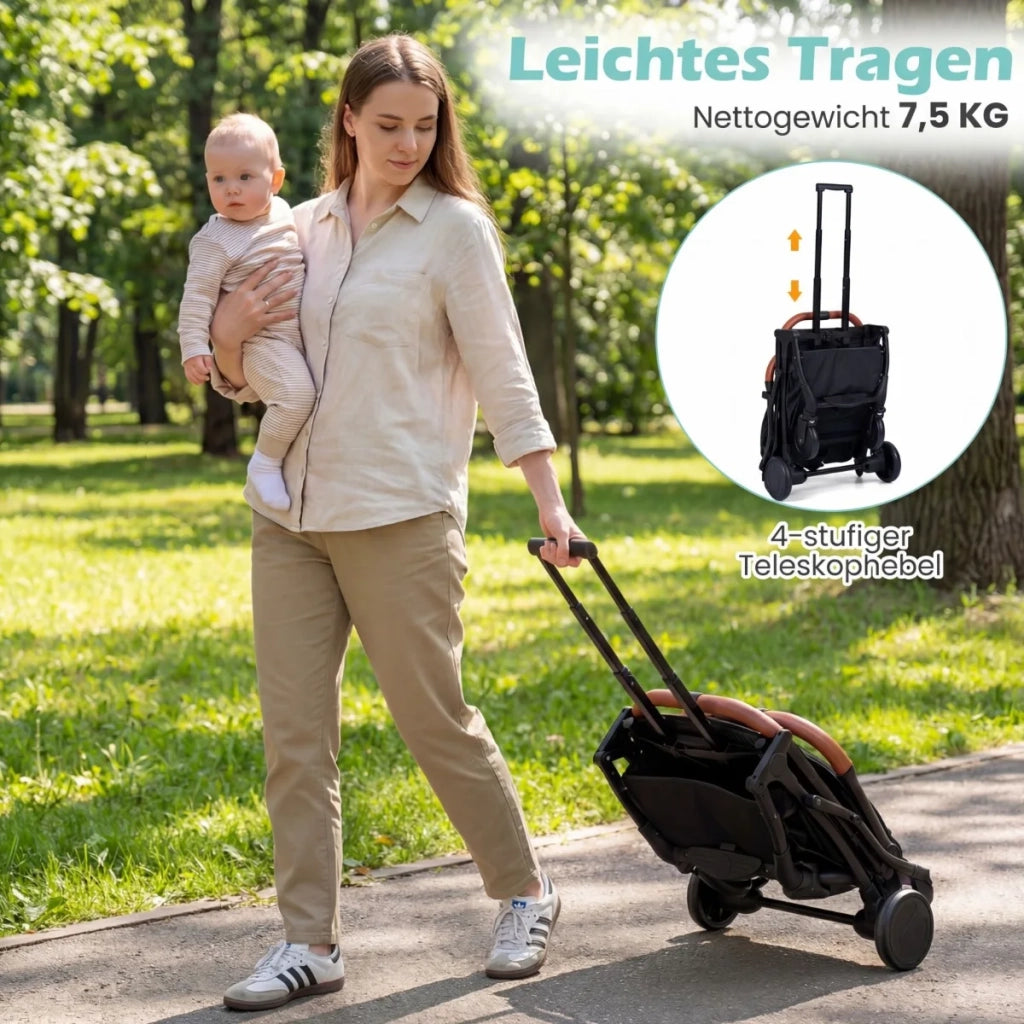 Foldable stroller with rain cover & adjustable backrest & footrest, travel buggy, grey