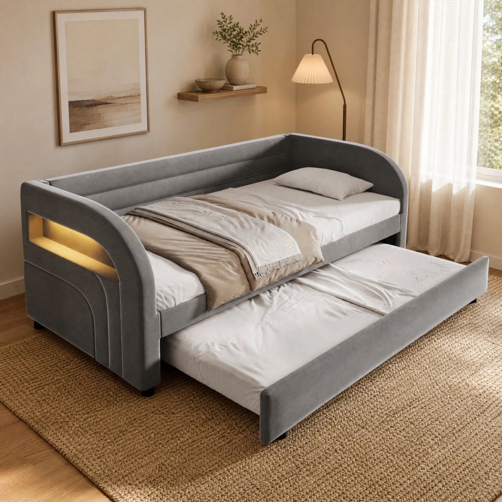Letto imbottito 90x200 cm grigio con letto estraibile e LED