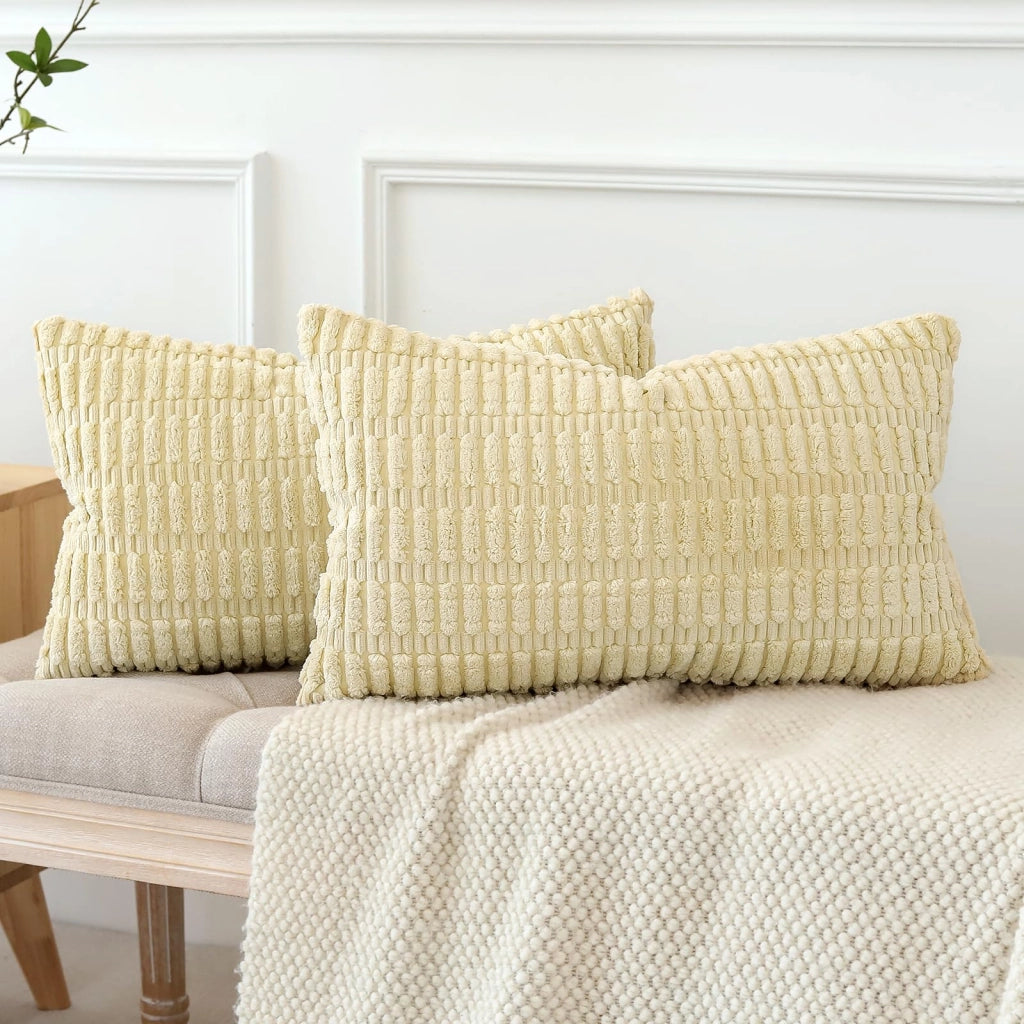 Set di 2 federe per cuscini in velluto, 40x60 cm, color beige-giallo