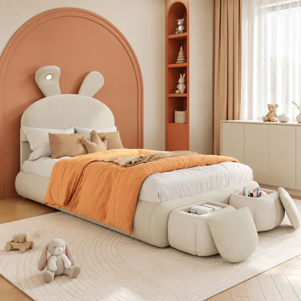 Letto singolo per bambini 90x200 cm con LED regolabile e 2 pouf; velluto beige