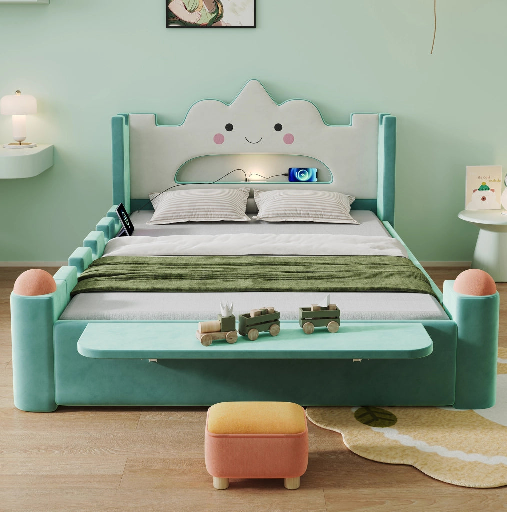 Letto imbottito per bambini 140x200 cm con cassetto; USB e lampada LED; blu-verde