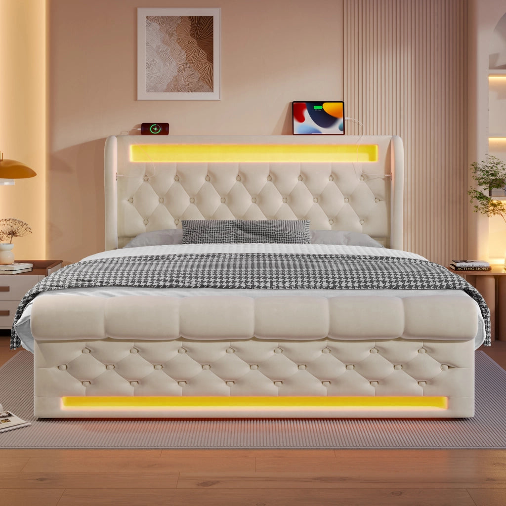 Letto matrimoniale contenitore 140x190 beige con luci LED