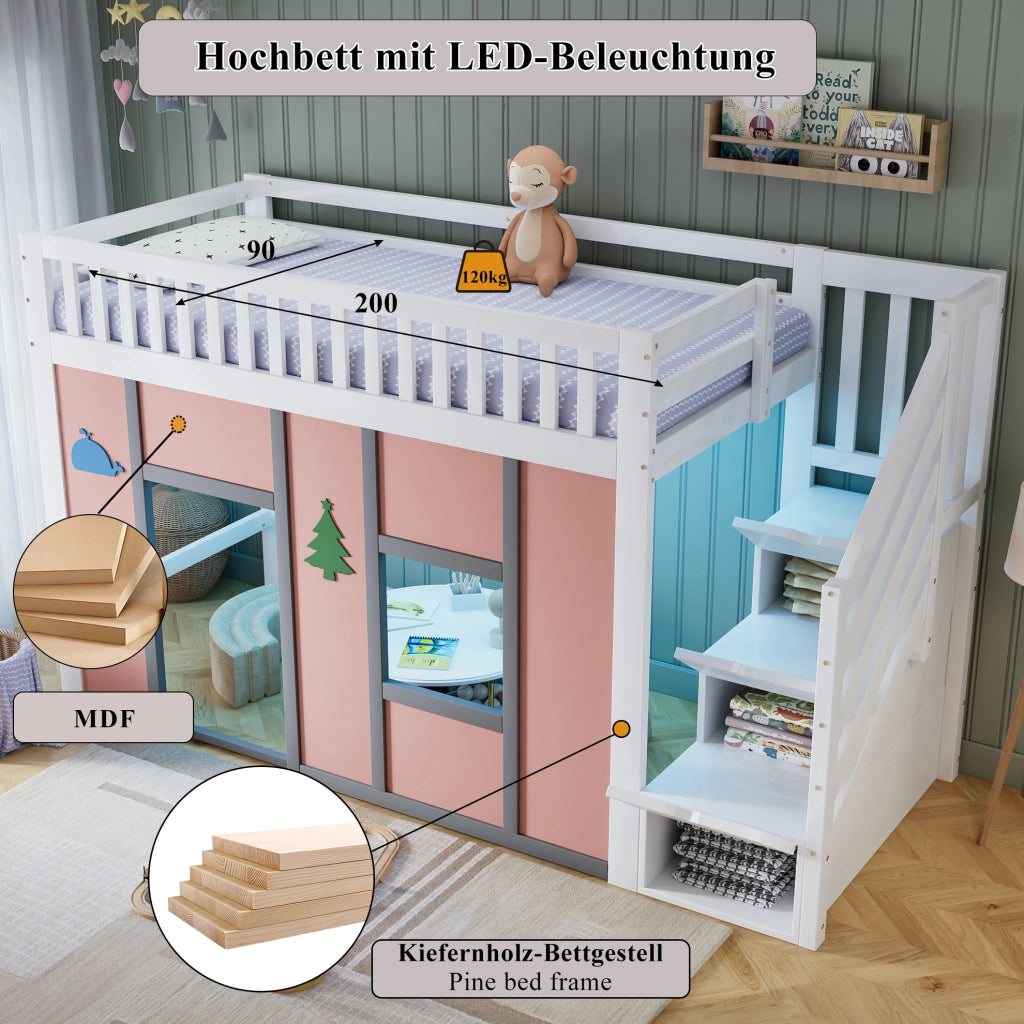 Letto semi-soppalco per bambini 90x200 cm con scala contenitore e LED; bianco e rosa