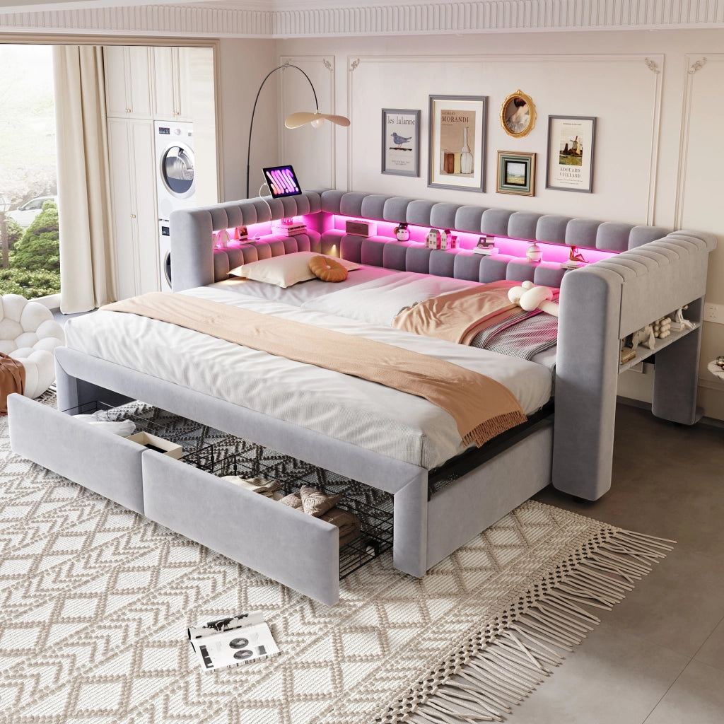 Divano letto estraibile 90 × 190 cm in velluto grigio chiaro con cassetti LED USB e Type-C e vani integrati